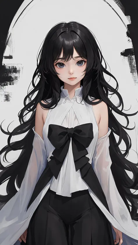 (masterpiece, best quality:1.4), looking at viewer,
(wavy hair:0.8), long hair, black hair, black theme,