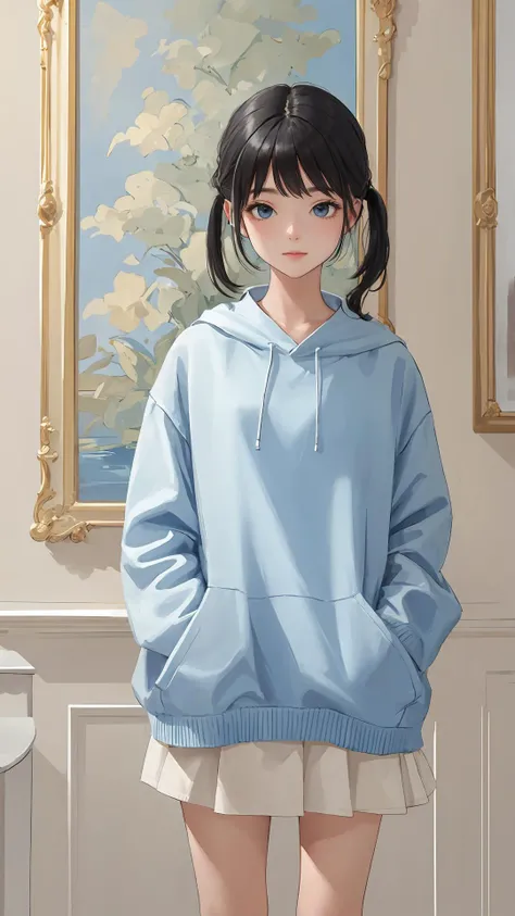 (best quality:1.2), (masterpiece:1.2), looking at viewer, blue theme, beige theme, black hair,