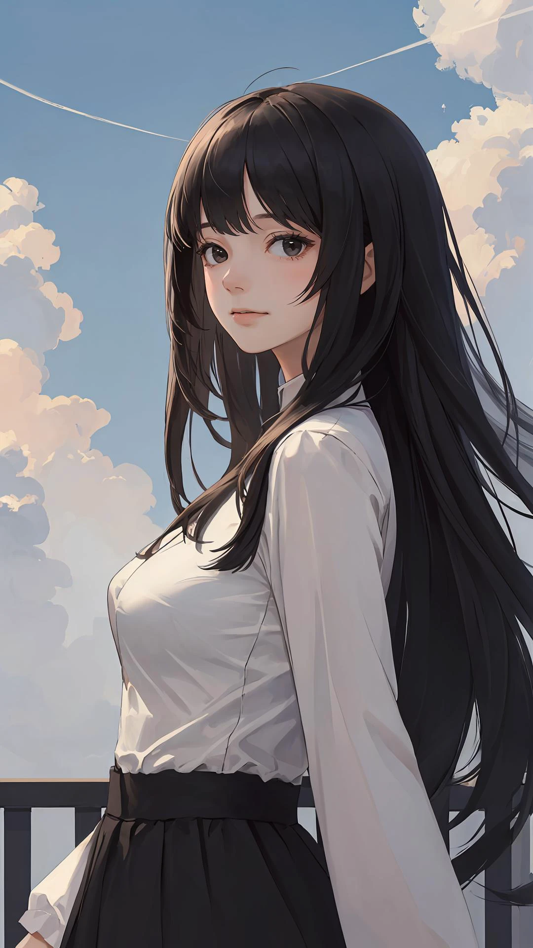 (masterpiece, best quality:1.4), looking at viewer, (sunny_day:1.1),
black hair, cloudy sky, upper_body, fringe,
{sidetail|ponytail|straight hair|(wavy hair:0.8)},
{long hair|medium hair|short hair},
{large breasts|medium breasts},