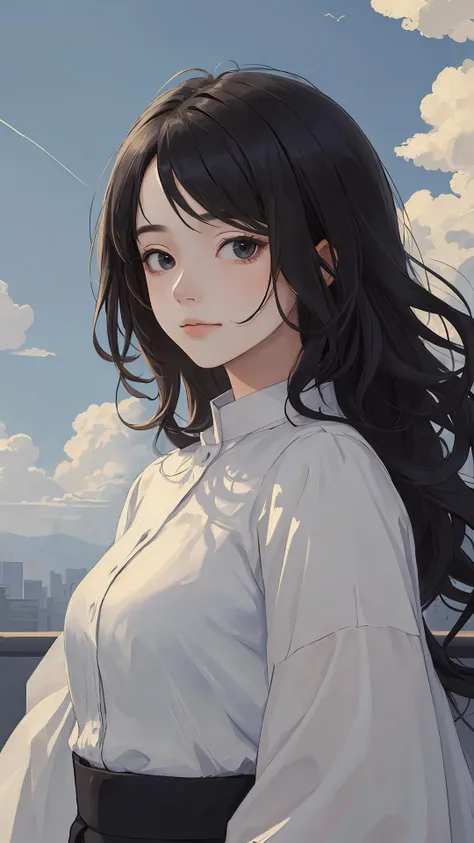 (masterpiece, best quality:1.4), looking at viewer, (sunny_day:1.1), 
(wavy hair:0.85), black hair, cloudy sky, upper_body,