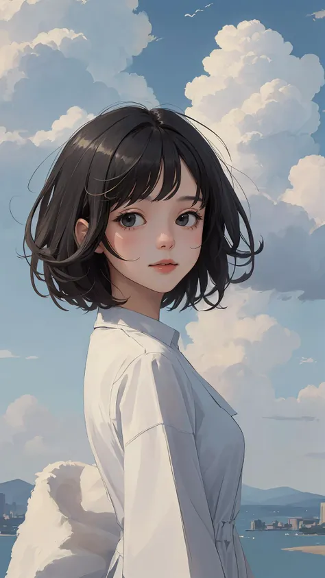 (masterpiece, best quality:1.4), looking at viewer, 
(wavy hair:0.8), short hair, black hair, cloudy sky,