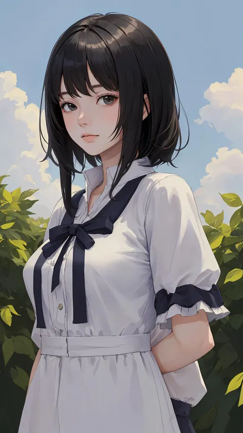 (masterpiece, best quality:1.4), looking at viewer, (sunny_day:1.1),
black hair, cloudy sky, upper_body, fringe,
{sidetail|ponytail|straight hair|(wavy hair:0.8)},
{long hair|medium hair|short hair},
{large breasts|medium breasts},
