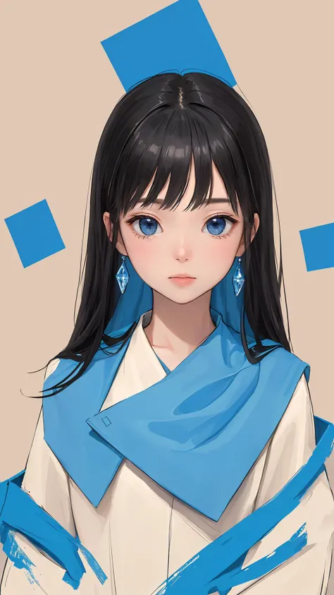 (best quality:1.2), (masterpiece:1.2), looking at viewer, blue theme, beige theme, black hair,