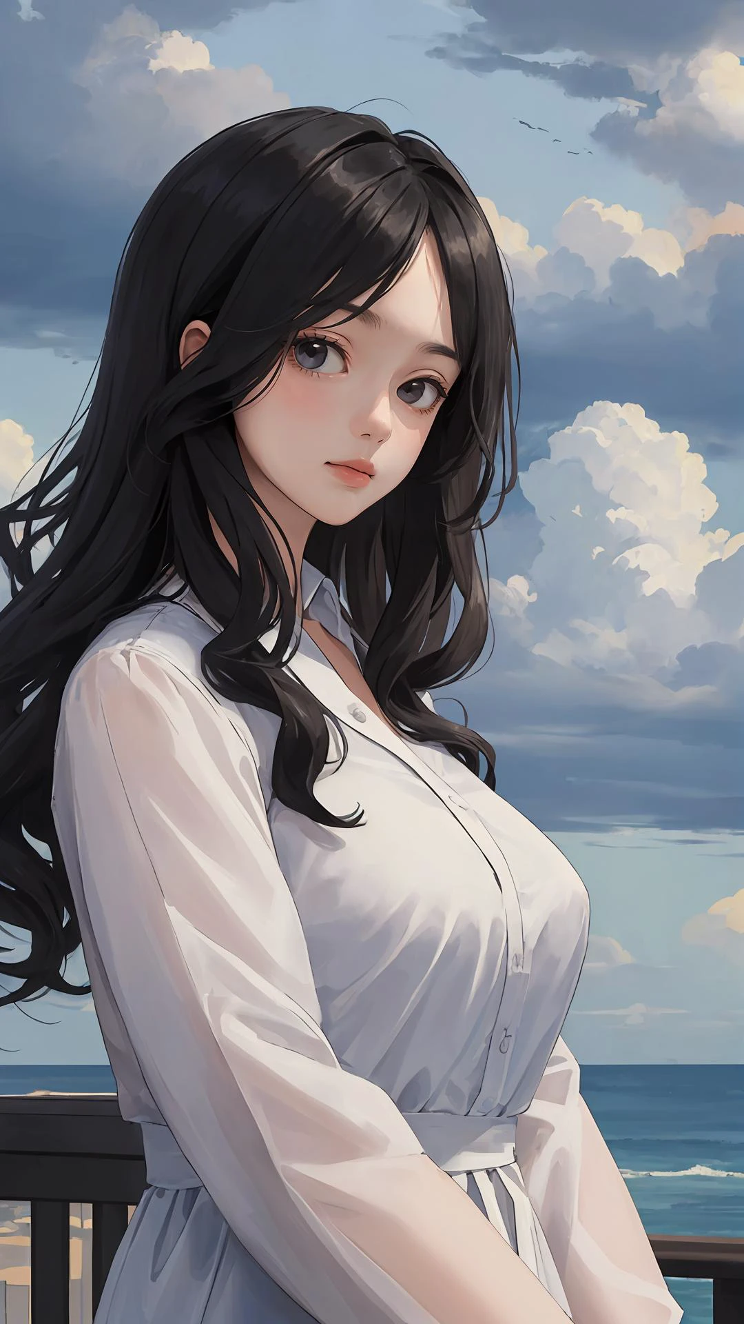(masterpiece, best quality:1.4), looking at viewer, on_front,
(wavy hair:0.8), black hair, cloudy sky,