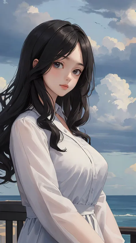 (masterpiece, best quality:1.4), looking at viewer, on_front,
(wavy hair:0.8), black hair, cloudy sky,