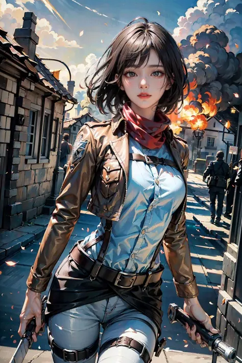 <(best quality, extremery best quality, masterpiece:1.4), (realistic, intricate details:1.4), (photorealistic:1.4), (extremely intricate:1.4), highres, ultra highres, ultra-detailed, absurdres, incredibly absurdres, extremely detailed, high quality, high resolution, hyperrealistic, ultra-realistic, hyper-detailed, top quality, best, fine detail, massive detail, Highly detailed, extreme detailed, highest detailed, high-res, absolutely resolution, reflection, (refraction:1.4), (hyperrealism:1.4)>, BREAK, 1girl, solo, looking at viewer, (young cute beautiful 18-year-old girl:1.4), 3d face, beautiful girl, Beautiful face, pretty, girlface, kpop idol, supermodel, stunning innocent symmetry face, perfect body, medium breast, slim waist, slim legs, (high detailed skin:1.4), glowing eyes, goddess, natural skin texture, shiny skin, White skin, Beautiful detailed face, detailed face, real skin texture, cute delicate face, finely detailed face, golden ratio, golden ratio face, expressive eyes, perfect face, perfect skin, flawless face, clear face, shiny hair, pale skin, Proper body proportion, perfect anatomy, realistic skin texture, luscious lips, glossy lips, natural makeup, beautiful bright pupils, slender figure, intricate eyes, detailed pupils, detailed face and eyes, longeyelashes, blush, good hand, perfect hands, pretty face, beautiful female bodies, finely detailed skin, oily shiny skin, BREAK, (((((Attack on Titan, (brown jacket, emblem, white shirt, white pants:1.5), (hmmikasa, short hair, black eyes, scarf, belt, thigh strap, red scarf, long sleeves:1.4), (holding weapon, sword, dual wielding, three-dimensional maneuver gear, fighting stance, sky:1.4), (battle, adventurous look:1.3), (blush, fantasy, scenery, plants, open mouth:1.2), (highly detailed worn metal texture:1.2), (floating colorful sparkles, light is shining, dust is drifting, floating catkins, fog, wind:1.2), (rust, dirt, dust, scratches, abrasions on the metal texture:1.2), (fly:1.4), (Luminescent Particles:1.3), (Old City of Dubrovnik, Avila, Historic Fortified City of Carcassonne, Noerdlingen,Ancient castle, Romanesque architectural style, Gothic architectural style, Renaissance architectural style, Baroque architectural style, Half-timbered house, Medieval castles, Romanesque forts, Gothic walls, Tudor style architecture, British style architecture, medieval village setting:1.3), (50m high city wall:1.5), (city surrounded by walls, ember, battlefield, grey mist, smoke, explosion, apocalyptic, destroyed city background, buildings on fire:1.4), (fullbody:1.2), (eye focus, face focus, character focus, close-up face:1.2), (dutch angle, cowboy shot:1.3), (hand of Guido Daniele:1.4), flat bangs, colorful refraction)))), BREAK, <watercolor, available light, detailed light, volumetric fog, beautiful lighting, Rembrandt lighting, Cinematic, pixel art, game art, key visual, surreal, PBR Texturing, Anisotropic Filtering, Maximum Clarity And Sharpness, Albedo And Specular Maps, Multi-Layered Textures, Surface Shading, Sub-Pixel Convolution, Sub-Pixel Convolution, Accurate Simulation Of Light-Material Interaction, blurry foreground, broad light, volumetric light effect, matte painting, perfectly defined features, volumetric lighting, Tone Mapping, Lumen Reflections, Global illumination, Ray Tracing, Screen Space Global Illumination, Accent Lighting, 32k, Natural Lighting, volumetric, cinematic masterpiece, Rule of thirds, high dynamic range, Multi-exposure HDR capture, cinematic render, game cg cinematic, atmospheric perspective, movie scene, epic dynamic frame, motion blur, ((cinematic look, Film look)), rim light, 4k textures, adobe lightroom, photolab, insane details, hyperdetailed, exposure blend, professional color grading, professional color correction, aerial perspective, particles and dust in beams of light, cinematic scene, dynamic lighting, sharp details, lomography, soft focus, light leaks, bold hues, atmospheric depth, (explosive light and shadow:1.2), aesthetics, intricate designs, ultra realistic digital art, (zentangle, mandala, tangle, entangle), (fractal art), elegant, vivid colours, floating particles, particles, dramatic, epic, (ink drawing, oil painting detailed), (dramatic lighting:1.2), RAW, huge filesize, extremery detailed CG, Photo, 8k uhd, cinematic atmosphere, trending on artstation, award-winning glamour photograph, highly detailed photo, official art, beautiful and aesthetic, unity 8k wallpaper, beautiful, highly detailed CG illustration, best illustration, intricate, Amazing, emotional, analog, painting, digital painting, concept art, Oil Painting, illustration, Classical art, Renaissance, Romanticism, Neoclassicism, Color Palette, depth and contrast, Vibrant colors, saturated, rich saturation, color harmony, vivid palette, concept-art, design style, detail character, concept render, colorful, analog photography, dreamy atmosphere, specular highlights, atmospheric lighting, (dynamic angle, dynamic pose :1.3), (shiny, clothes reflecting light, lens flare, bloom effect, light particle, lens glare:1.3), realistic lighting, cinematic light, (cinematic lighting), light in the face, soft lighting, saturated colors, detailed background, sharp focus, 8k high definition, perspective, Master Composition, roughness, post-processing, soft shadows, realistic shadows, ambient occlusion, ray-tracing, subsurface scattering, photon mapping, physically-based rendering, octane rendering, unreal engine 5, ue5 rendering, Adobe After FX, dslr, RTX, Best character details, radiosity, sharp, antialiased, RAW photo, HDR, 8k, 4k, (((Photographed by Roger Deakins, using a RED Monstro 8K VV camera and a series of high-end lenses))), ((Hasselblad photography)), (film grain:1.4), Kodak portra 400, ((Fujifilm X-T5)), professional photograph, depth of field, caustics, Broad lighting, diffuse lighting, rim lighting, two tone lighting, textile details, visible pores, high resolution scan, professionally color graded, photographic reality, automatic white balance, best lighting, detailed shadow, high contrast, strong light and shadow>, (PureErosFace_V1:0.4), (ulzzang-6500:0.6), <lora:epiNoiseoffset_v3:0.05>, <lora:FilmVelvia2:0.05>, <lora:add_detail:0.2>, <lora:mikasa_ackerman_v1:0.7>