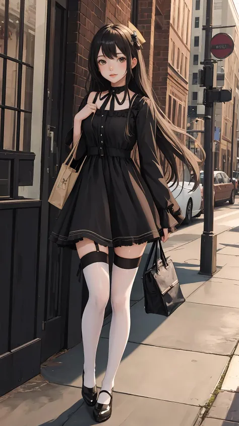 (masterpiece:1.2),(best quality:1.2), looking at viewer, 
girl, (shiny skin:1.2),
outdoors, day,
long hair, fringe, (natural wavy:0.8),
full body,
dress,
thighhighs,
knees up,
city,