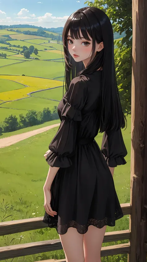 (masterpiece:1.2),(best quality:1.2), looking at viewer,
girl, (shiny skin:1.2),
outdoors, day,
long hair, fringe, straight hair,
cowboy shot,
dress,
bare legs,
countryside,