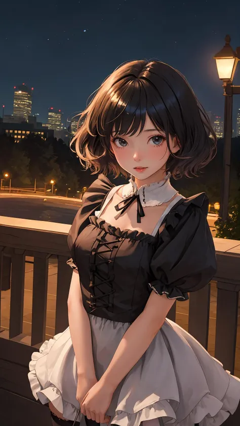 (masterpiece:1.2),(best quality:1.2), looking at viewer,
girl, (shiny skin:1.2),
outdoors, night,
short hair, fringe, (natural wavy:0.8),
upper body,
frilled dress,
thighhighs,
skyline,