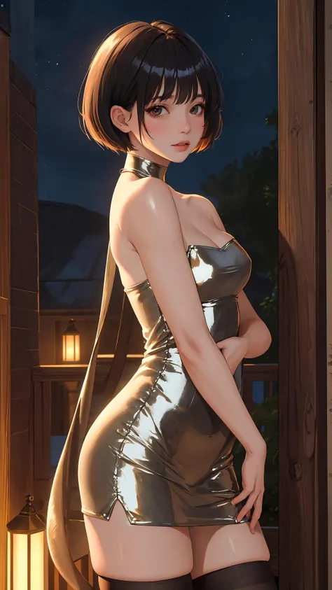 absurdres, RAW photo, extremely delicate and beautiful, masterpiece, Best Quality, ultra high resolution, 32k, hyperrealistic, ultra-detailed, detailed description, pale skin, 20 years old, tearful mole, earring, Colossal tits, short medium hair, wavy hair, full body shot, alone, cheongsam, halterneck,