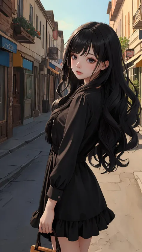 (masterpiece:1.2),(best quality:1.2), looking at viewer, (shiny skin:1.2),
outdoors, day, town,
girl, 
fringe, long hair, side bang, natural wavy, black hair, dark eyes,
cowboy shot,
dress,