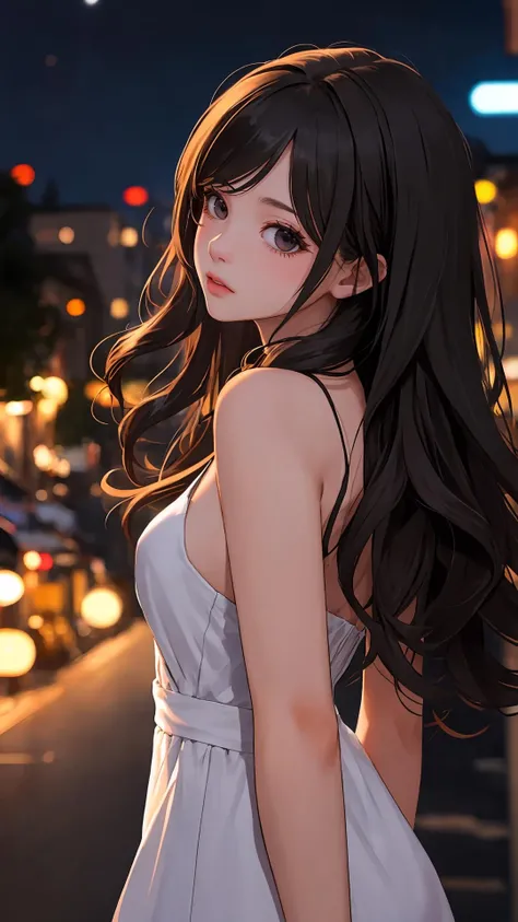 (masterpiece), (best quality), girl, looking at viewer, outdoors, night, (wavy hair:0.8), (Long bold side bangs), black theme,
dress, town, dark eyes, dark hair, upper body, bare legs,