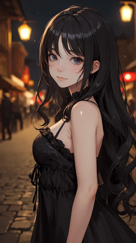 (masterpiece:1.2),(best quality:1.2), looking at viewer, curious face, gothic,
(shiny skin:1.2), (depth of field:1.2), cinematic, cowboy shot,
outdoors, night, town, dress, wavy hair, long hair, side bang, fringe,