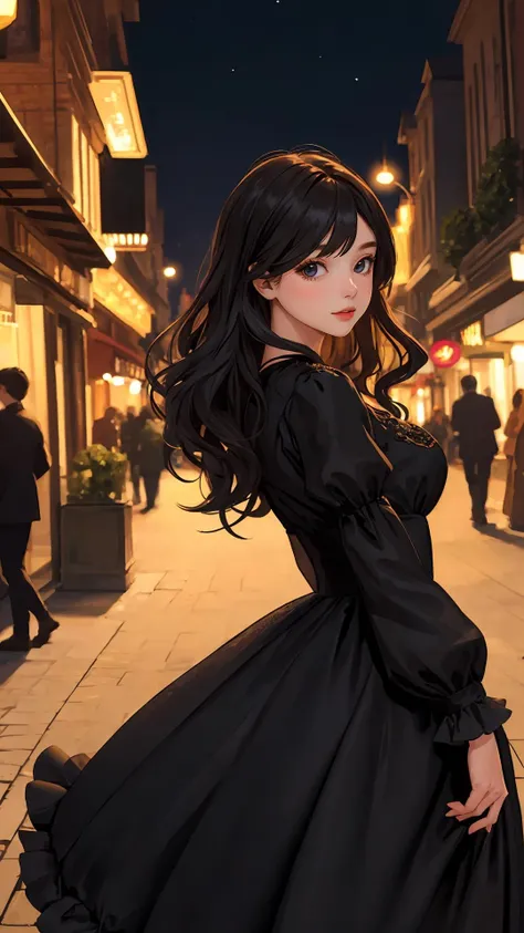 (masterpiece), (best quality), lady, looking at viewer, outdoors, night, (wavy hair:0.8), (Long bold side bangs), black theme,
dress, town,