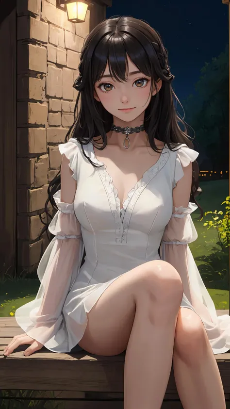 (absurdres), (intricate details), (extremely detailed), (looking at viewer), (masterpiece:1.2),(best quality:1.2),
(girl), (shiny skin:1.2), cinematic, (cowboy shot), medium breasts, outdoors, countryside, natural wavy, long hair,
bang, (black_theme), happy face, black hair, (night:1.2),
(dress), sitting,
see-through_sleeves, bare legs,
choker,