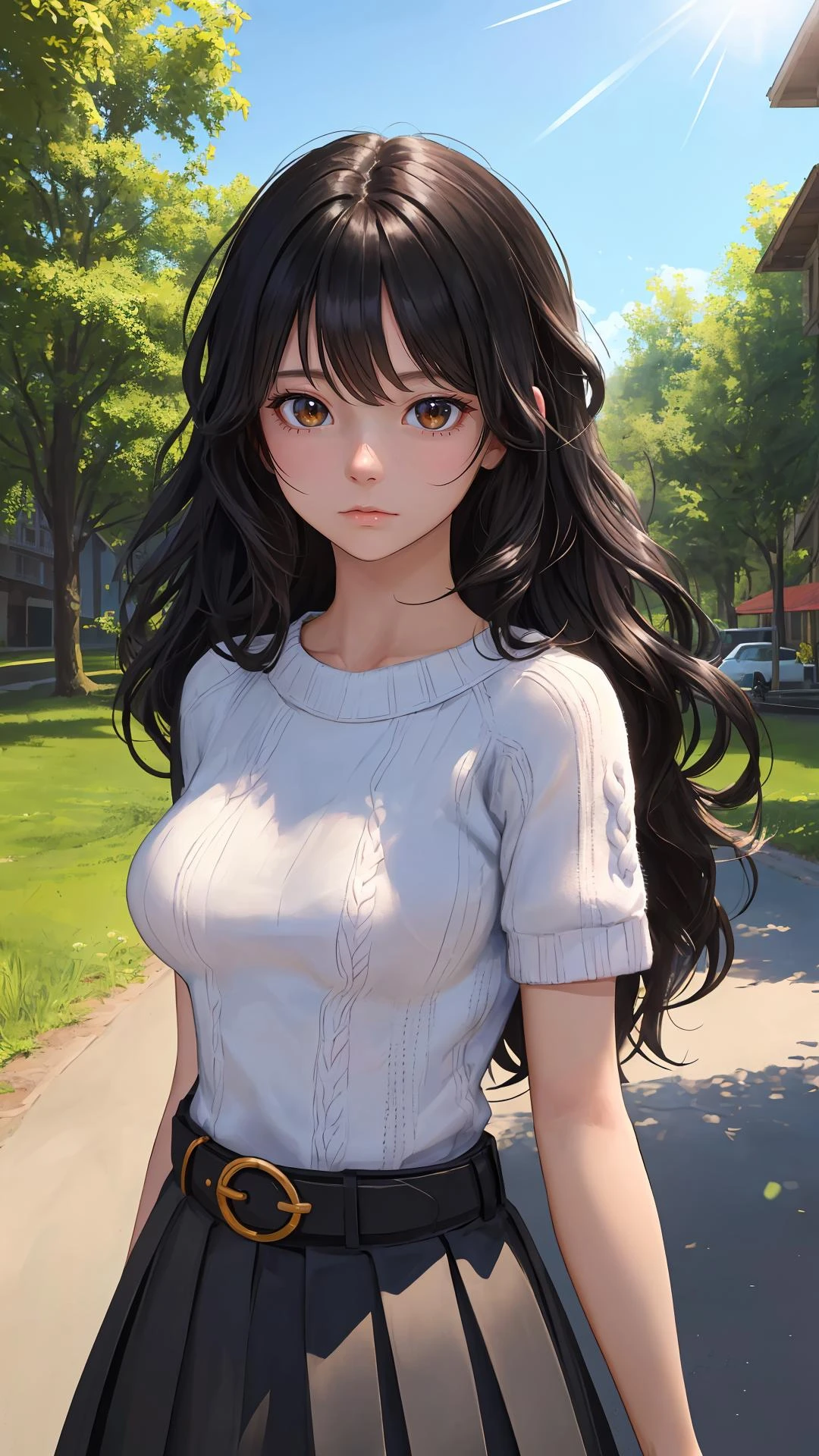 (absurdres), (intricate details), (extremely detailed), (looking at viewer), (masterpiece:1.2),(best quality:1.2),
(girl), (shiny skin:1.2), cinematic, (upper body), medium breasts, outdoors, town, natural wavy, very long hair,
bang, (black_theme), curious face, black hair, day with sunlight,
(knit with skirt), standing,
short_sleeves, thighhighs,
belt,
