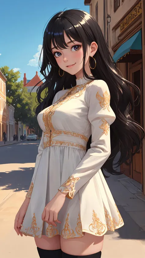 (absurdres), (intricate details), (extremely detailed), (looking at viewer), (masterpiece:1.2),(best quality:1.2),
(girl), (shiny skin:1.2), cinematic, (cowboy shot), medium breasts, outdoors, town, natural wavy, long hair,
bang, (black_theme), happy face, black hair, day with sunlight,
(dress), standing,
no_sleeves, thighhighs,
earrings,