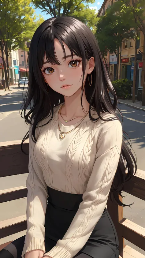 (absurdres), (intricate details), (extremely detailed), (looking at viewer), (masterpiece:1.2),(best quality:1.2),
(girl), (shiny skin:1.2), cinematic, (upper body), medium breasts, outdoors, town, natural wavy, very long hair,
bang, (black_theme), curious face, black hair, day with sunlight,
(knit with pencil skirt), sitting,
long_sleeves, thighhighs,
necklace,