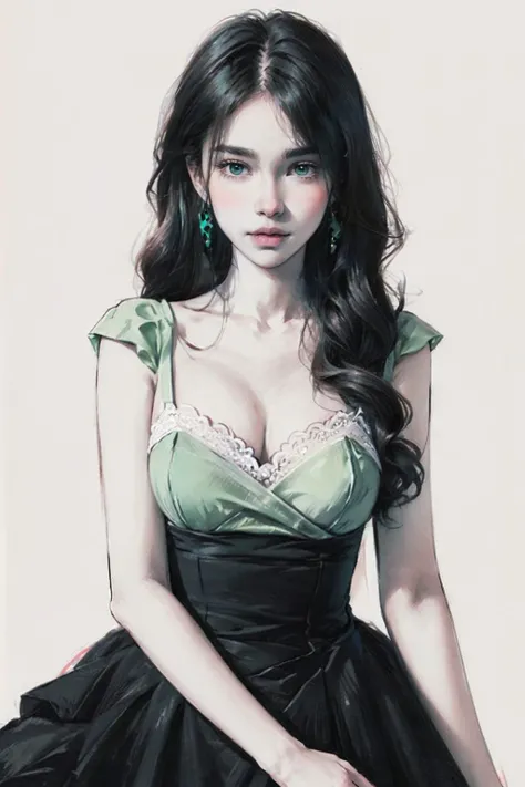 <lora:sketch_style:1>,portrait,sketch,((blush)),1girl,((cowboy shot)), ((closed mouth)), long hair, (white/yellow/green/blue/black dress), large breasts, looking at viewer,standing,upper body, ((simple background)),white background,