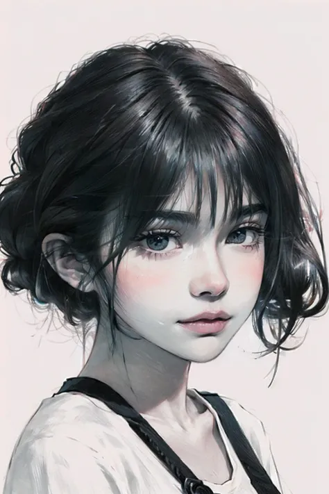 <lora:sketch_style:1>, portrait,sketch,monochrome,grayscale,((blush)),1girl,((cowboy shot)),((close-up)), ((closed mouth)), short hair,white t-shirt, large breasts, looking at viewer,standing,upper body, ((simple background)),white background,