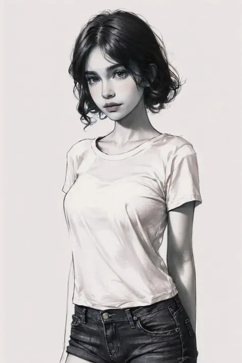 <lora:sketch_style:0.9>,portrait,sketch, monochrome, grayscale,((blush)),1girl,((cowboy shot)), ((closed mouth)), short hair,white t-shirt, denim shorts, large breasts, looking at viewer,standing, upper body, ((simple background)),white background,