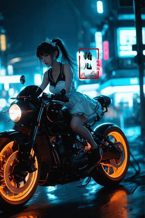 ((masterpiece)),(highres), original, (extremely detailed 8K wallpaper), (beautiful and clear background:1.4), (depth of field:0.5),award winning,(Surrealism:1.5), lens flare,shade, backlighting, depth of field, natural lighting, hard focus, film grain, photographed with a Sony a9 II Mirrorless Camera, by Laurence Demais, blurry background,
on motorcycle,xuer future motorcycle,
(glowing, neon lights:1.1), High ponytail,(absurd long ponytail:1.3),
<lora:~Q?-dibXf xuer future motorcycle:0.8>(sailor collar:1.1), bare shoulders, {{{Victoria black maid dress}}},hair ribbon,flowers on face,{long frills dress},maid headdress,white pantyhose,Skirt pleats,blue dress bow,yellow apron dress,(full body),mary janes,