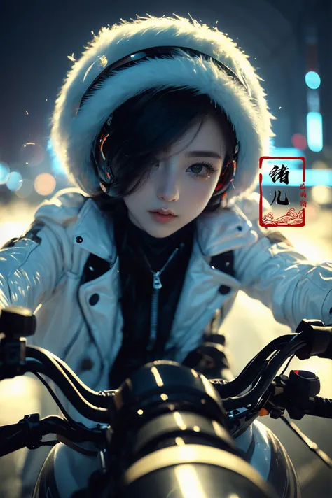 ((masterpiece)),(highres), original, (extremely detailed 8K wallpaper), (beautiful and clear background:1.4), (depth of field:0.5),award winning,(Surrealism:1.5), lens flare,shade, backlighting, depth of field, natural lighting, hard focus, film grain, photographed with a Sony a9 II Mirrorless Camera, by Laurence Demais, blurry background,
on motorcycle,xuer future motorcycle,
<lora:~Q?-dibXf xuer future motorcycle:0.8> (hair over one eye:1.1),(city,cityscape:1.2),(fur_coat:1.2),