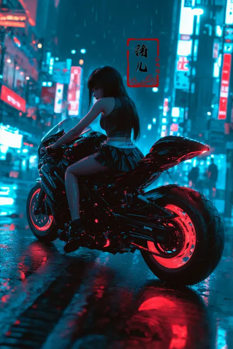 ((masterpiece)),(highres), original, (extremely detailed 8K wallpaper), (beautiful and clear background:1.4), (depth of field:0.5),award winning,(Surrealism:1.5), lens flare,shade, backlighting, depth of field, natural lighting,   hard focus, film grain, photographed with a Sony a9 II Mirrorless Camera, by Laurence Demais, blurry background,
on motorcycle,xuer future motorcycle, (rainy night:1.2)
<lora:~Q?-dibXf xuer future motorcycle:0.8>pleated_skirt,