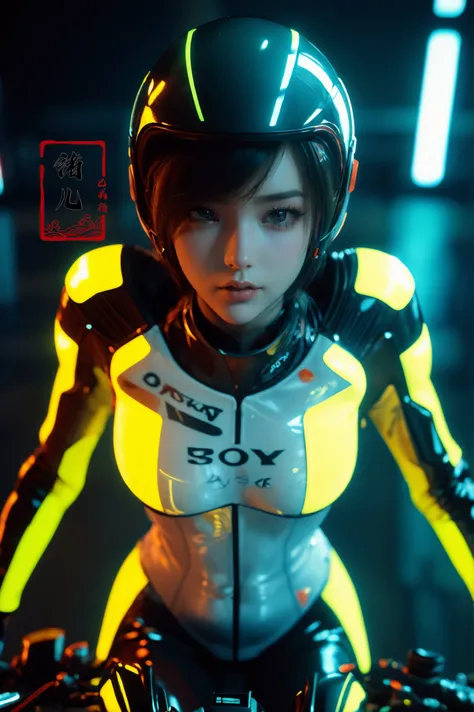 ((masterpiece)),(highres), original, (extremely detailed 8K wallpaper), (beautiful and clear background:1.4), (depth of field:0.5),award winning,(Surrealism:1.5), lens flare,shade, backlighting, depth of field, natural lighting,   hard focus, film grain, photographed with a Sony a9 II Mirrorless Camera, by Laurence Demais,
cinematic lighting,ray tracing,3d,3d render,high-precision shadows,close-up,(imid shot,macro shot:1.25),(Detailed face description),(Detailed hair description),(Detailed clothes description),
(xuer future motorcycle:1.2), solo
dark turquoise and light gold, (latex bodysuit:1.3), blue eyes,
(glowing, neon lights:1.2),
<lora:~Q?-dibXf xuer future motorcycle:0.8>