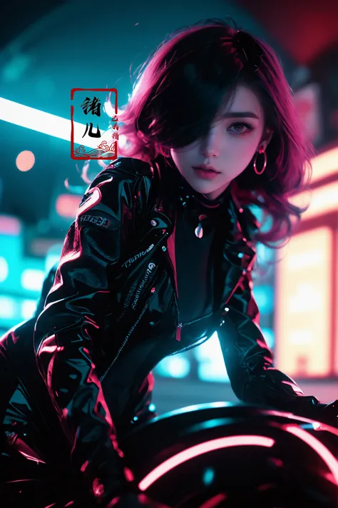 ((masterpiece)),(highres), original, (extremely detailed 8K wallpaper), (beautiful and clear background:1.4), (depth of field:0.5),award winning,(Surrealism:1.5), lens flare,shade, backlighting, depth of field, natural lighting, hard focus, film grain, photographed with a Sony a9 II Mirrorless Camera, by Laurence Demais, blurry background,
on motorcycle,xuer future motorcycle,
(glowing, neon lights:1.1),
<lora:~Q?-dibXf xuer future motorcycle:0.8> (hair over one eye:1.4),turtleneck_sweater,