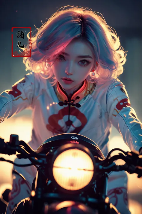 ((masterpiece)),(highres), original, (extremely detailed 8K wallpaper), (beautiful and clear background:1.4), (depth of field:0.5),award winning,(Surrealism:1.5), lens flare,shade, backlighting, depth of field, natural lighting, hard focus, film grain, photographed with a Sony a9 II Mirrorless Camera, by Laurence Demais, blurry background,
on motorcycle,xuer future motorcycle,
(glowing, neon lights:1.1),
<lora:~Q?-dibXf xuer future motorcycle:0.8> (hair over one eye:1.4),(print_cheongsam:1.3),