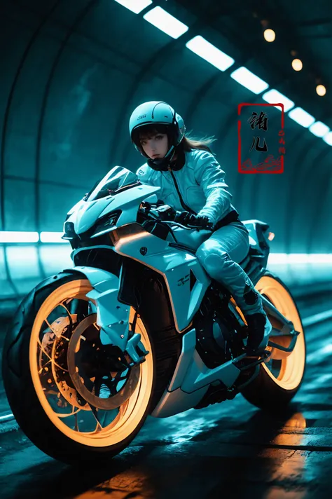 xuer future motorcycle,
dark turquoise and light gold, headphoneshelmet removed
glowing, neon lights,
<lora:~Q?-dibXf xuer future motorcycle:0.8>
