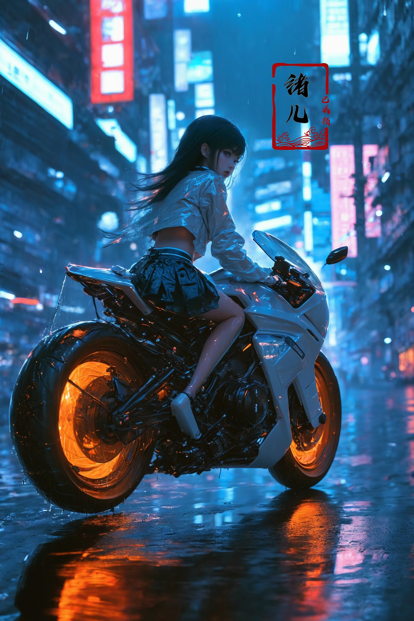 ((masterpiece)),(highres), original, (extremely detailed 8K wallpaper), (beautiful and clear background:1.4), (depth of field:0.5),award winning,(Surrealism:1.5), lens flare,shade, backlighting, depth of field, natural lighting,   hard focus, film grain, photographed with a Sony a9 II Mirrorless Camera, by Laurence Demais, blurry background,
on motorcycle,xuer future motorcycle, (rainy night:1.3)(sailor collar:1.2)
<lora:~Q?-dibXf xuer future motorcycle:0.8>pleated_skirt,
