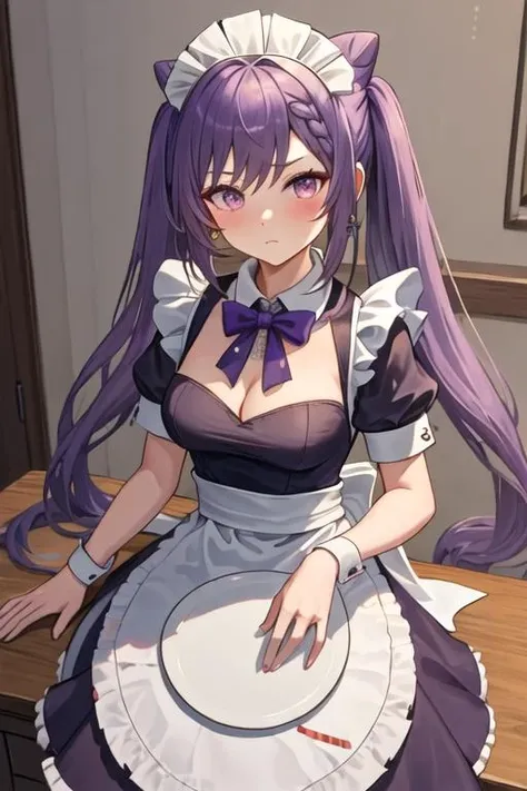 raiden shogun, 1girl, solo, long hair, breasts, showing breast,nipple,bukkake,semen,looking at viewer, blush, bangs, large breasts, hair ornament, dress, bow, cleavage, sitting, closed mouth, purple eyes, purple hair, braid, flower, short sleeves, sidelocks, frills, alternate costume, puffy sleeves, indoors, bowtie, mole, apron, black dress, puffy short sleeves, maid, maid headdress, mole under eye, window, single braid, black bow, detached collar, plant, white flower, white apron, between legs, maid apron, v arms, braided ponytail, hand between legs, black bowtie, enmaided