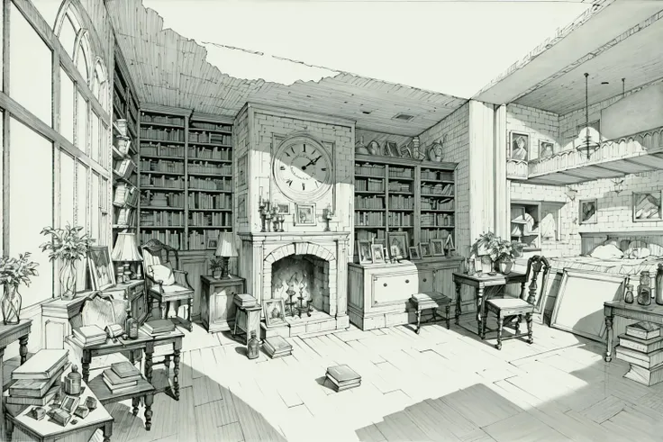 <lora:archline-V1:0.75>
anime,BondyStudio, monochrome, greyscale,Dotted line,line shadow,traditional media
Magic world, ancient times, study room, balcony, glass dome
Lots of bookshelves, tables, chairs, fireplace, stone walls, chandeliers, windows
Wands, mage hats, robes, magic crystals, candles, mirrors, open books, lots of potted plants, potted plants on shelves, shelves, movable ladder, oil painting, plants on the wall, lots of filled jars and bottles, Small and large bottles, many scrolls, small shelves, globes, clocks
