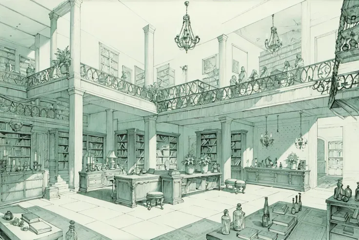 <lora:archline-V1:0.75>
anime,BondyStudio, monochrome, greyscale,Dotted line,line shadow,traditional media
Magic world, ancient times, study room, balcony, glass dome
Lots of bookshelves, tables, chairs, fireplace, stone walls, chandeliers, windows
Wands, mage hats, robes, magic crystals, candles, mirrors, open books, lots of potted plants, potted plants on shelves, shelves, movable ladder, oil painting, plants on the wall, lots of filled jars and bottles, Small and large bottles, many scrolls, small shelves, globes, clocks