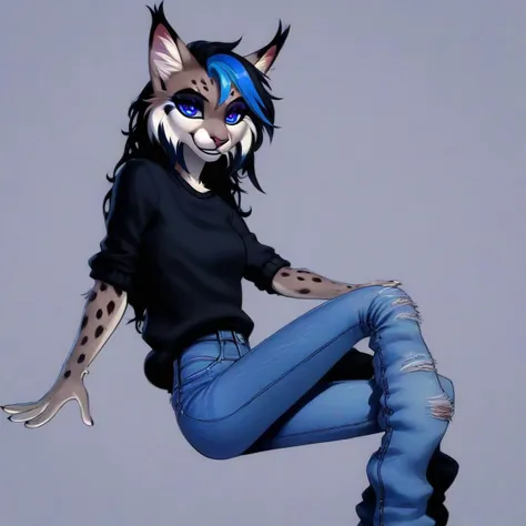 digital_media_(artwork) hi_res, score_9, score_8_up, score_7_up, score_6_up, score_5_up, score_4_up, rating_safe, beautiful, anthro, furry, female, detailed textured fur, fur tufts, fluffy, slim, slender, cute, sweater, baggy denim pants, beautiful eyes, detailed eyes, smile, solo, SFW, lynx, long hair, multicolored hair, streaked hair, absurdres, highres, goth, heavy eyeliner, heavy eye shadow,