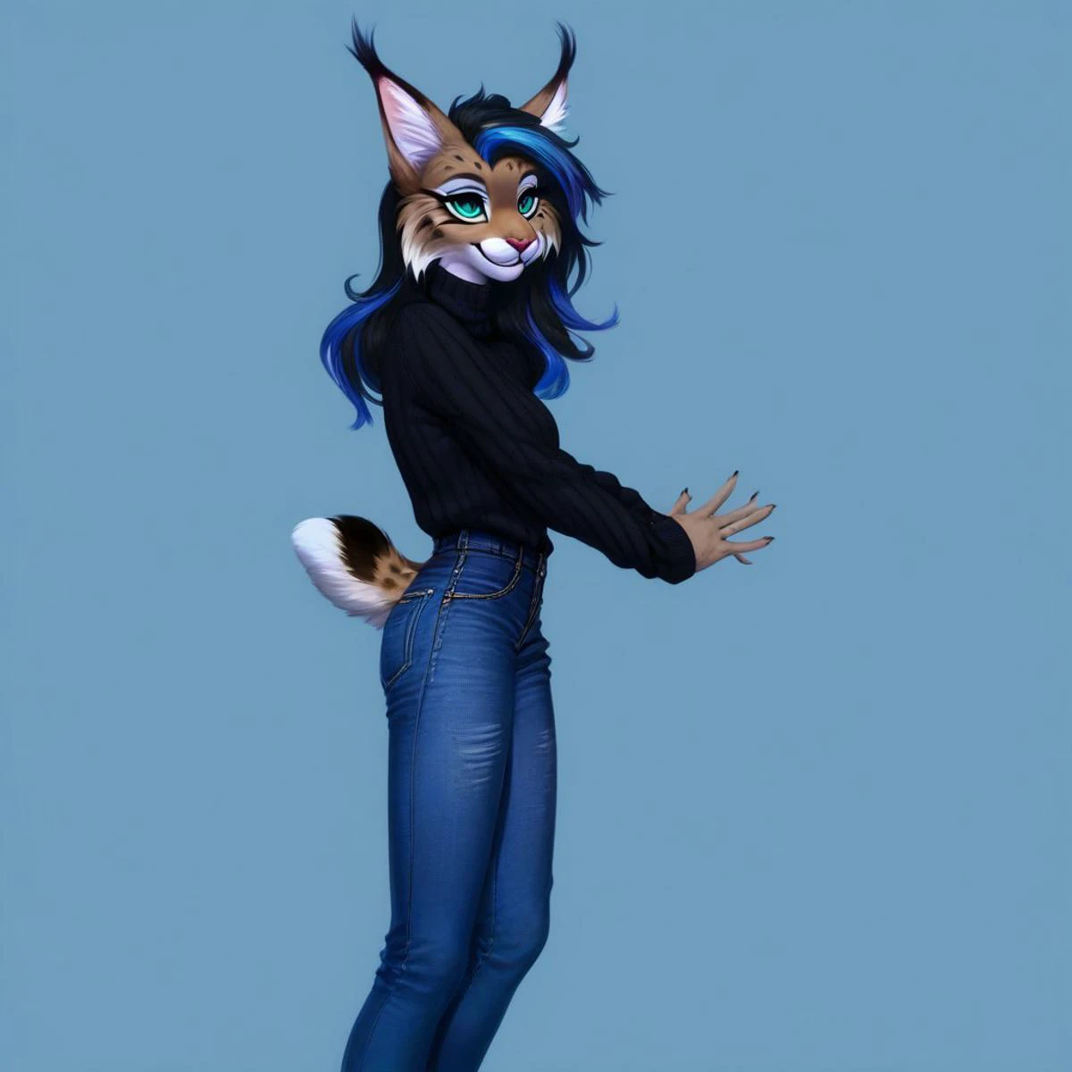 digital_media_(artwork) hi_res, score_9, score_8_up, score_7_up, score_6_up, score_5_up, score_4_up, rating_safe, beautiful, anthro, furry, female, detailed textured fur, fur tufts, fluffy, slim, slender, cute, sweater, baggy denim pants, beautiful eyes, detailed eyes, smile, solo, SFW, lynx, long hair, multicolored hair, streaked hair, absurdres, highres, goth, heavy eyeliner, heavy eye shadow,