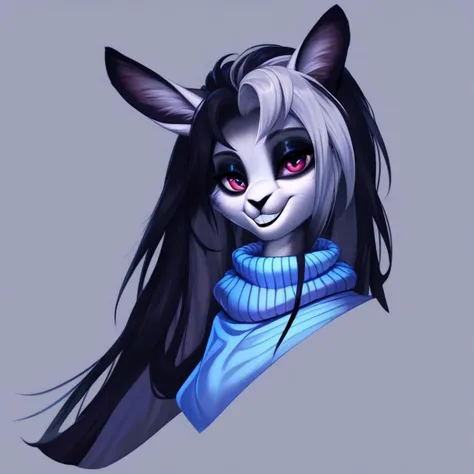 digital_media_(artwork) hi_res, score_9, score_8_up, score_7_up, score_6_up, score_5_up, score_4_up, rating_safe, beautiful, anthro, furry, female, detailed textured fur, fur tufts, fluffy, slim, slender, cute, sweater, baggy denim pants, beautiful eyes, detailed eyes, smile, solo, SFW, rabbit, long hair, multicolored hair, streaked hair, absurdres, highres, goth, heavy eyeliner, heavy eye shadow,