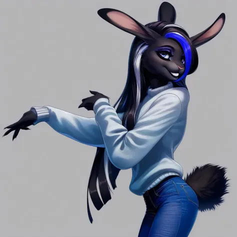 digital_media_(artwork) hi_res, score_9, score_8_up, score_7_up, score_6_up, score_5_up, score_4_up, rating_safe, beautiful, anthro, furry, female, detailed textured fur, fur tufts, fluffy, slim, slender, cute, sweater, baggy denim pants, beautiful eyes, detailed eyes, smile, solo, SFW, rabbit, long hair, multicolored hair, streaked hair, absurdres, highres, goth, heavy eyeliner, heavy eye shadow,