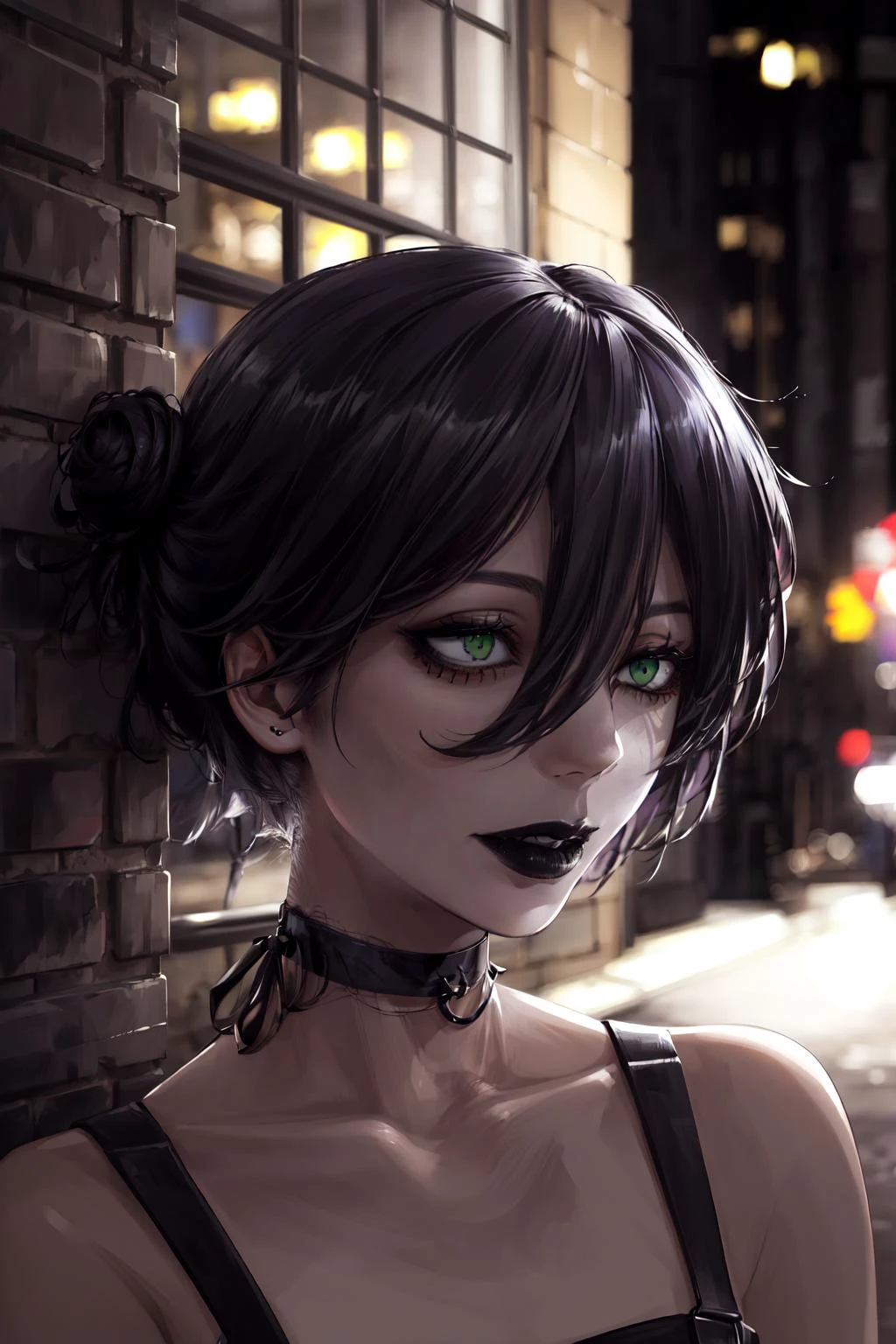 (best quality, ultra-detailed, best illustration, best shadow, masterpiece, high res), (1girl, solo), Reze,green eyes, choker, hair between eyes, black hair, hair bun, short hair, GothicC, black lipstick, black eyeliner, , pale skin, fishnet, outdoors, night,
<lora:Reze:0.7> <lora:add_detail:0.5> <lyco:GothicC:0.8>