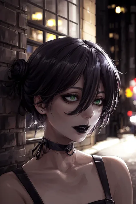 (best quality, ultra-detailed, best illustration, best shadow, masterpiece, high res), (1girl, solo), Reze,green eyes, choker, hair between eyes, black hair, hair bun, short hair, GothicC, black lipstick, black eyeliner, , pale skin, fishnet, outdoors, night, 
<lora:Reze:0.7> <lora:add_detail:0.5> <lyco:GothicC:0.8>