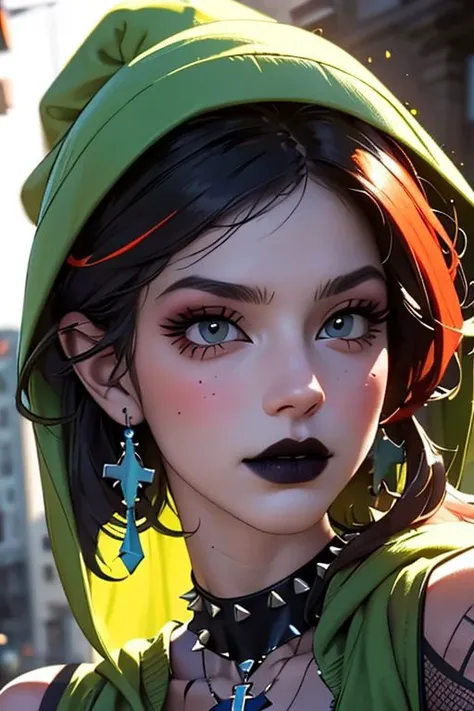 beautiful, masterpiece, best quality, ((adult)), extremely detailed face, perfect lighting, 1girl, 
solo, realistic
 FrankieFoster, green hoodie, purple skirt, ponytail, choker, midriff, fashi-girl
realistic, GothicC, gloves, pants, dress, elbow gloves, veil, jewelry, thighhighs, hat, high heels, gothic, necklace, fishnets, skirt, spikes, spiked collar, cross, torn clothes, earrings, collar, shoulder cutout, cross necklace, fingerless gloves, pantyhose, belt, choker, black nails, tattoo, fishnet pantyhose, black lips, makeup, arm tattoo, piercing, miniskirt, detached sleeves, crop top, corset, shorts, garter straps, eyeshadow, nail polish, multicolored hair, see-through