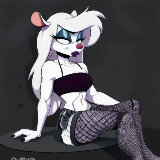 Minerva Mink (Animaniacs), <lora:v2GothicC:0.8>, GothicC, (purple) makeup, (purple) lipstick, mascara, black nails, sitting, staring, shorts, (fishnets), tube top, best quality, masterpiece, highres