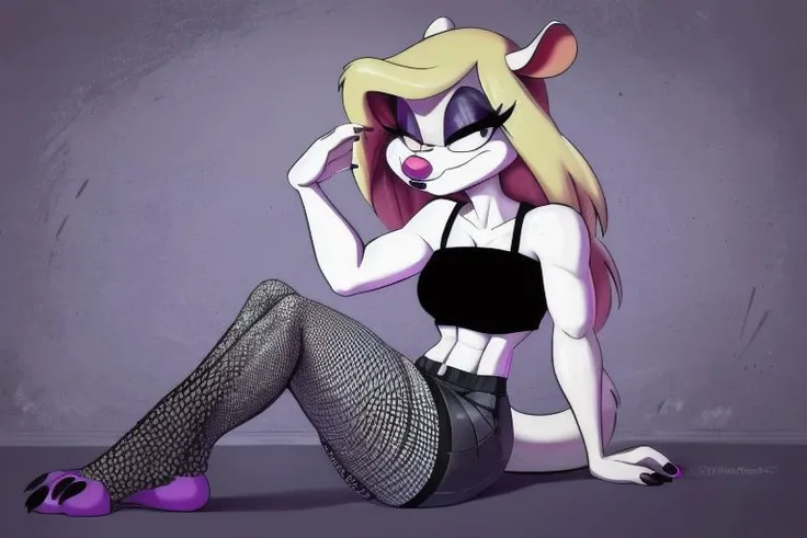 Minerva Mink (Animaniacs), <lora:v2GothicC:0.8>, GothicC, (purple) makeup, (purple) lipstick, mascara, black nails, sitting, staring, shorts, (fishnets), tube top, best quality, masterpiece, highres