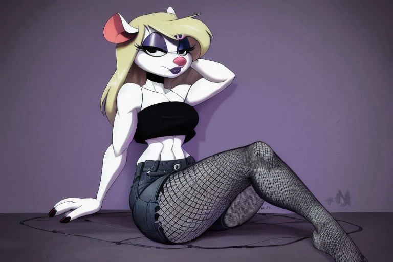 Minerva Mink (Animaniacs), <lora:v2GothicC:0.8>, GothicC, (purple) makeup, (purple) lipstick, mascara, black nails, sitting, staring, shorts, (fishnets), tube top, best quality, masterpiece, highres