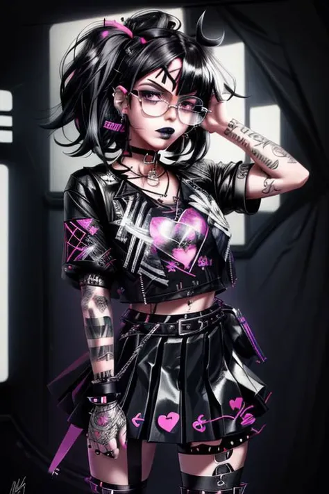 a portrait drawing of a woman in a black outfit with a heart shaped choker around her neck, hazel eyes, beautiful anime goth girl, dressed in punk clothing, pleated skirt, anime styled, anime style character, goth girl, edgy, wearing a punk outfit, urban girl fanart, goth girl aesthetic, cyberpunk anime girl, jet black haired cyberpunk girl, wearing black clothes, style anime, goth aesthetic, glasses, digital art, fractal, 32k UHD high resolution, highres, professional photography, intricate details, masterpiece, perfect anatomy, cinematic angle , cinematic lighting, negative_hand