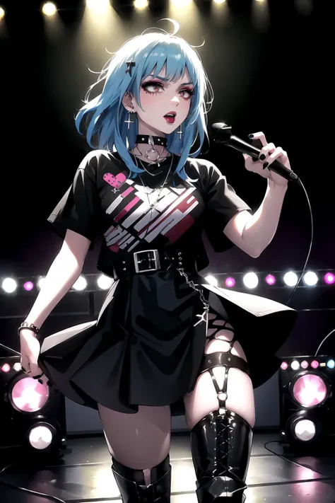 <lora:v2GothicC:0.8>, GothicC, makeup, lipstick, mascara, black nails, see-through, multi-colored hair, <lora:Idol:0.8>, Idl, skirt, shirt, boots, microphone, holding microphone, singing, stage, neon lights, best quality, masterpiece, highres
