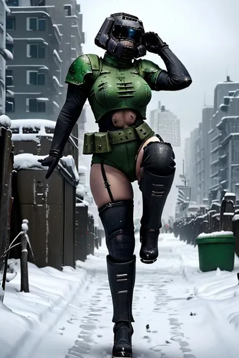 (1girl:1.4), (doomguy:1.2), full body, (solo:1.4), (standing on one leg:1.2), (masterpiece, best quality, absurdres:1.3), winter city scene, GothicC,
<lora:doomguy-15:1>
