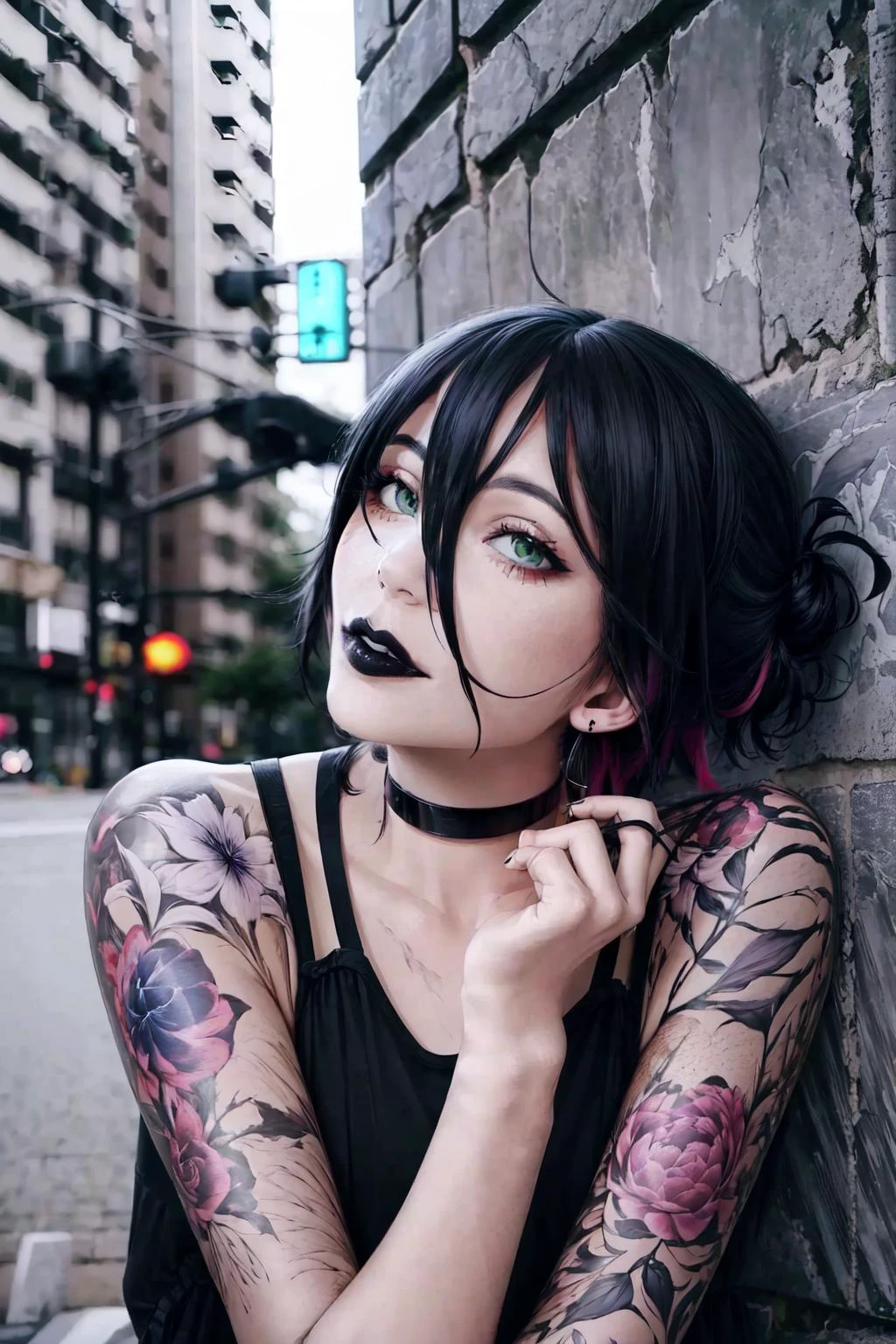 (best quality, ultra-detailed, best illustration, best shadow, masterpiece, high res, professional artwork, famous artwork), (1girl, solo), Reze,green eyes, choker, hair between eyes, multicolor hair, black hair, hair bun, short hair, GothicC, (black hair:1.5, dyed hair, two-tone hair:1.3), black lipstick, black eyeliner, , pale skin, fishnet, outdoors, night,
<lora:Reze:0.7> <lora:add_detail:0.5> <lyco:GothicC:0.8>